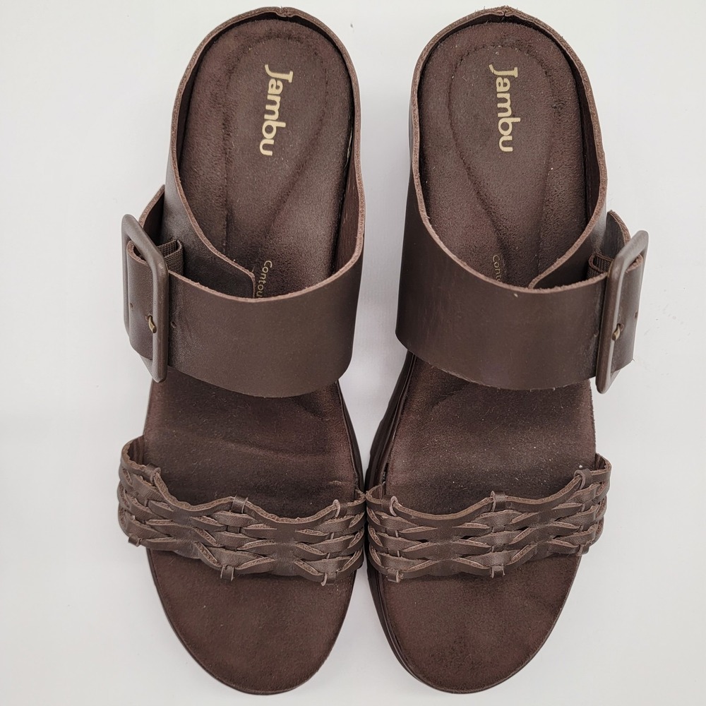 Brown Jambu Sandals Womens 10M Dara Mule Wedge Heels Leather Buckle Comfort